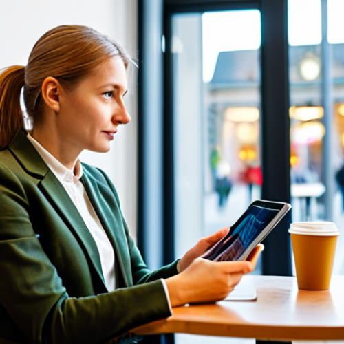 Home 6 A thoughtful professional woman, fully clothed in modest business casual attire, seated comfortably at a modern, light-filled cafe table in a bustling German city like Berlin. She is gently holding a tablet, her gaze fixed on product reviews displayed on the screen, a contemplative expression on her face that conveys trust and careful consideration. The cafe background is slightly blurred, featuring tasteful, minimalist decor and natural light. Perfect anatomy, correct proportions, natural pose, well-formed hands, proper finger count, natural body proportions. Professional photography, high quality, vivid colors. Safe for work, appropriate content, fully clothed, professional.