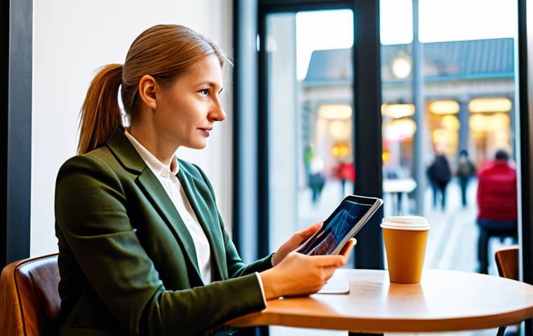 A thoughtful professional woman, fully clothed in modest business casual attire, seated comfortably at a modern, light-filled cafe table in a bustling German city like Berlin. She is gently holding a tablet, her gaze fixed on product reviews displayed on the screen, a contemplative expression on her face that conveys trust and careful consideration. The cafe background is slightly blurred, featuring tasteful, minimalist decor and natural light. Perfect anatomy, correct proportions, natural pose, well-formed hands, proper finger count, natural body proportions. Professional photography, high quality, vivid colors. Safe for work, appropriate content, fully clothed, professional.