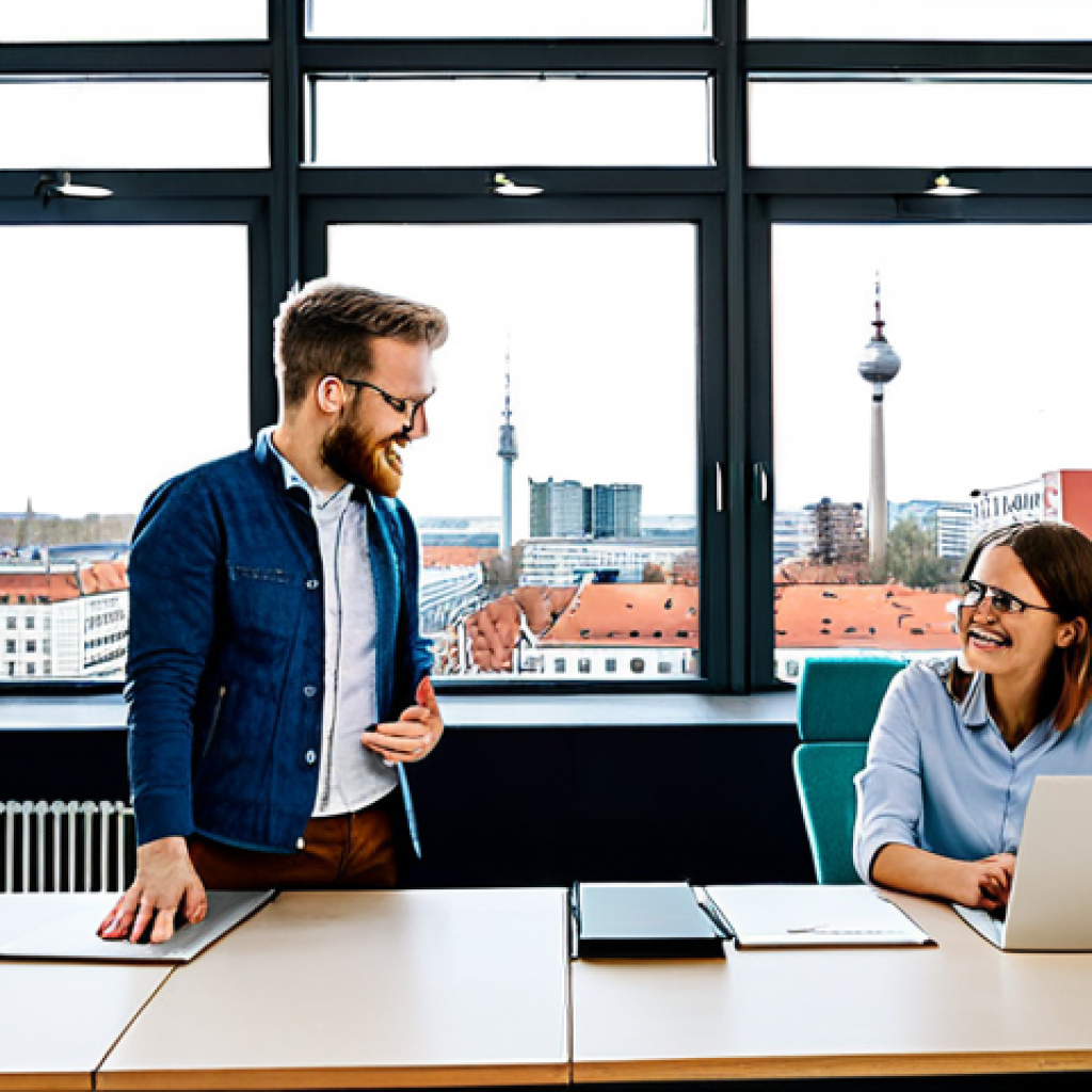 Modern Berlin Startup**
"A brightly lit, modern co-working space in Berlin, Germany. Young professionals, fully clothed in stylish but modest business casual attire, are collaborating on laptops and whiteboards. The atmosphere is energetic and innovative. Large windows show a cityscape view with the Fernsehturm in the background. Safe for work, appropriate content, professional, family-friendly, perfect anatomy, natural proportions, well-formed hands, proper finger count."
**
