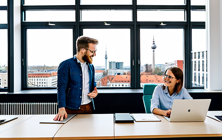 Modern Berlin Startup**
"A brightly lit, modern co-working space in Berlin, Germany. Young professionals, fully clothed in stylish but modest business casual attire, are collaborating on laptops and whiteboards. The atmosphere is energetic and innovative. Large windows show a cityscape view with the Fernsehturm in the background. Safe for work, appropriate content, professional, family-friendly, perfect anatomy, natural proportions, well-formed hands, proper finger count."
**