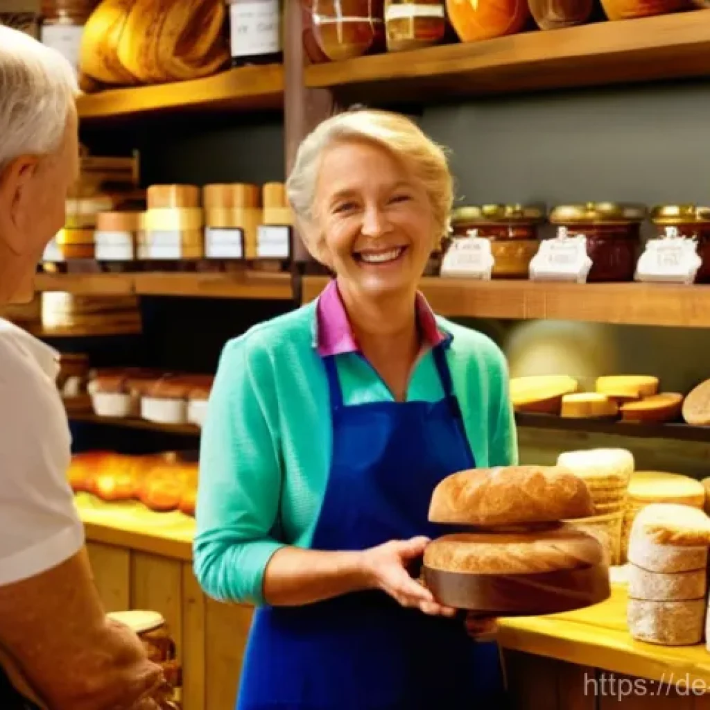 소비자 심리 분석을 통한 캠페인 개선 방안 - A heartwarming scene inside a charming, traditional German "Feinkostgesch&auml;ft" (delicatessen). A frie...