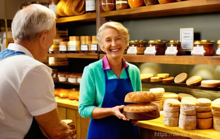 소비자 심리 분석을 통한 캠페인 개선 방안 - A heartwarming scene inside a charming, traditional German "Feinkostgeschäft" (delicatessen). A frie...