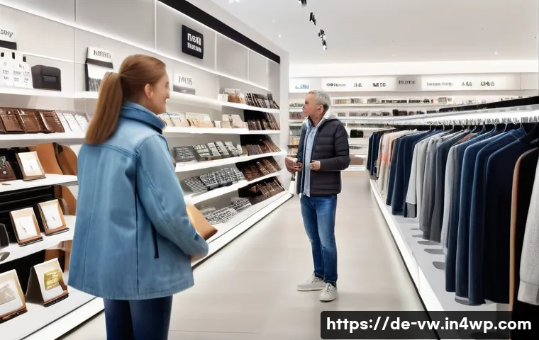 소비자 심리적 압박감과 구매 결정 - A modern European shopping scene inside a stylish retail store with diverse adult customers browsing...