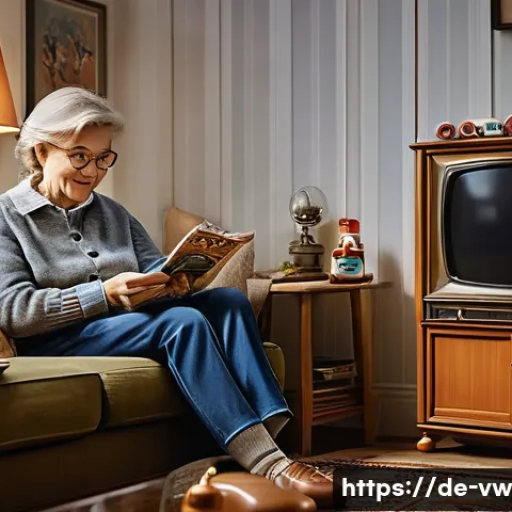 소비자 심리 분석을 위한 심리학적 접근법 - A cozy, warmly lit living room scene depicting a middle-aged German person thoughtfully watching a n...