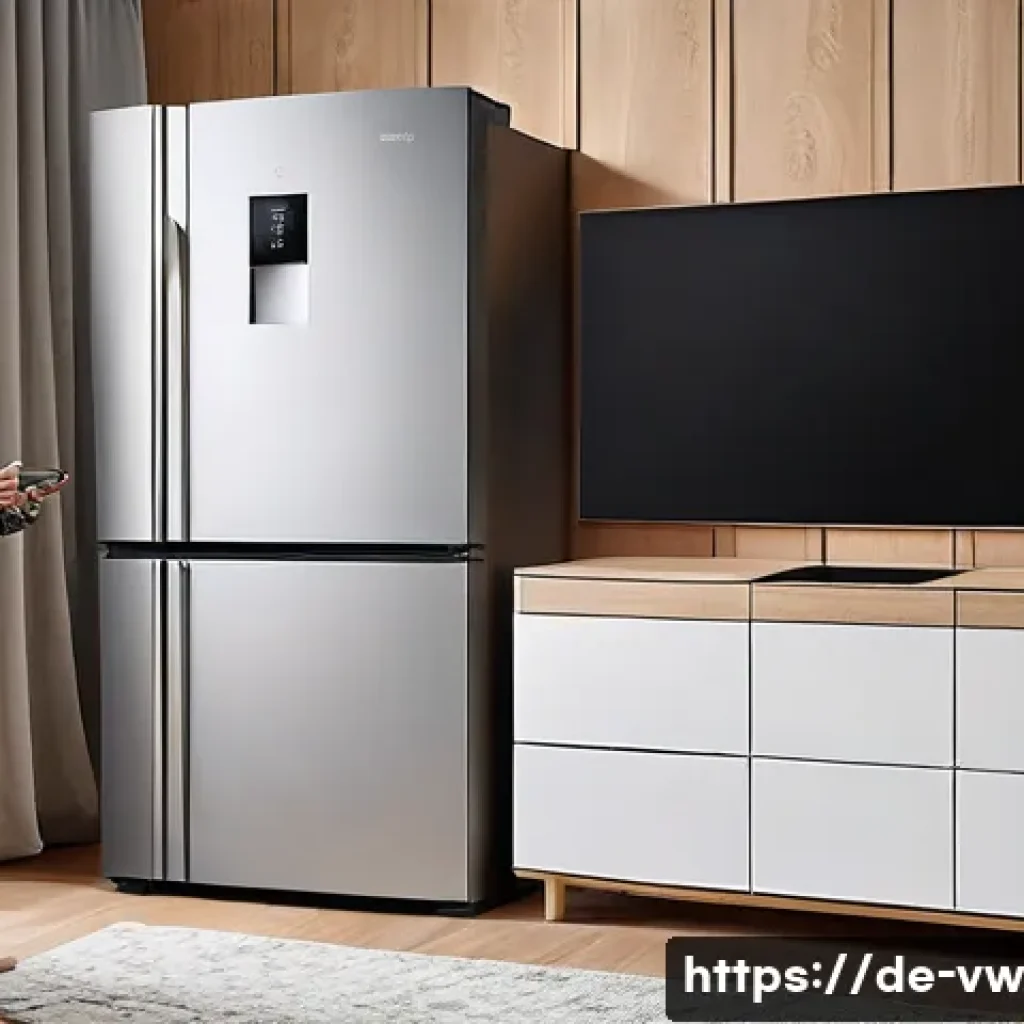 소비자 심리와 기술 발전의 상관관계 - A modern German living room scene showcasing a family interacting with smart home technology: a slee...