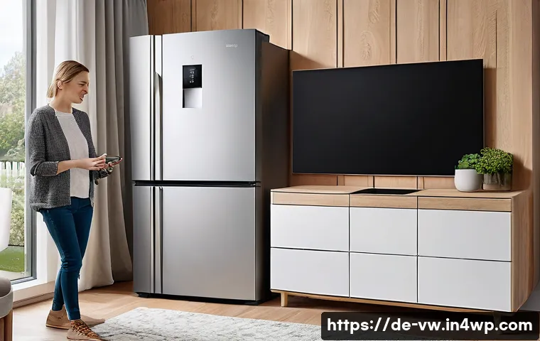 소비자 심리와 기술 발전의 상관관계 - A modern German living room scene showcasing a family interacting with smart home technology: a slee...