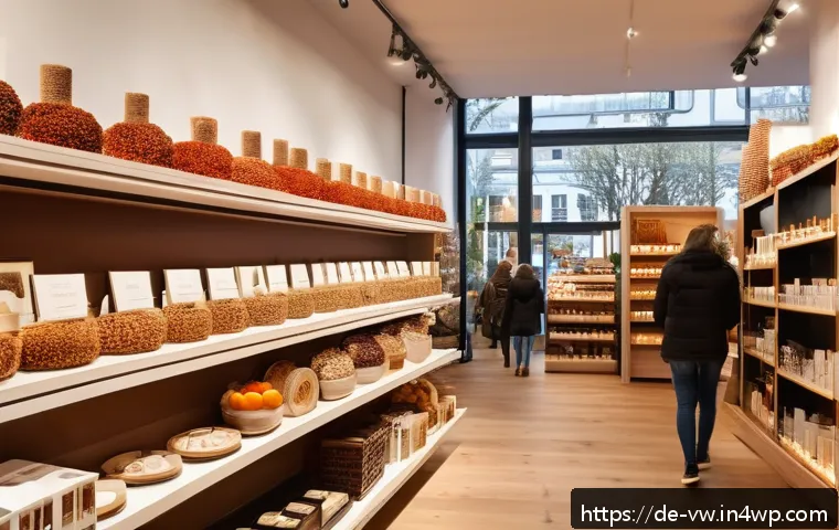 소비자 심리와 구매 충동의 상관관계 - A cozy, warmly lit retail store interior in Germany during autumn, featuring soft ambient music and ...