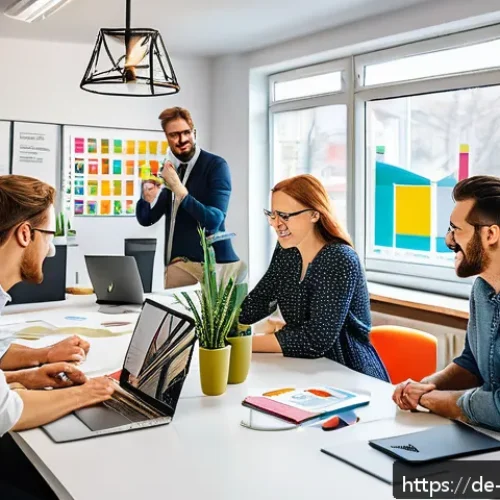 Home 30 소비자 심리와 커뮤니케이션 전략의 조화 - A vibrant and modern marketing office scene in Berlin, showcasing a diverse team of professionals co...